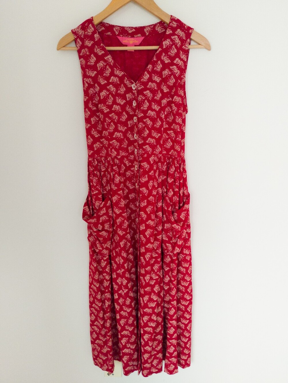 April Cornell Red Butterfly Print Rayon Button Front Midi Dress XXS Cottagecore